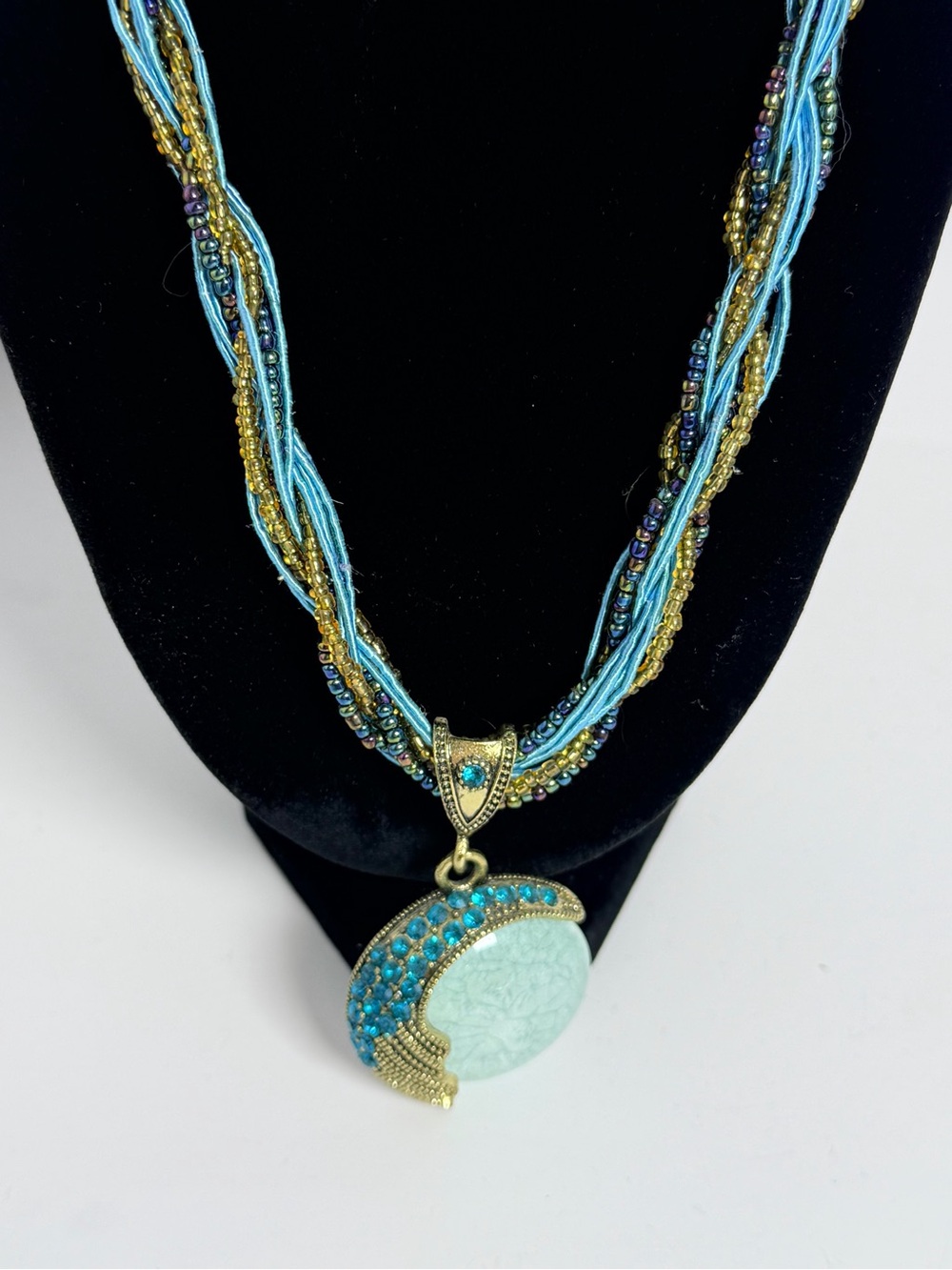 Vintage Boho Multi Strand Beaded Statement Necklace Turquoise Blue Moon Pendant